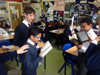 2nd Year Classics students reading Plautus' "The Swaggering Soldier" Photo: Ms. Donohoe
