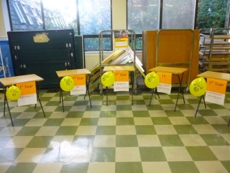 The tables in the hall before donations arrived. Photo: Joy Malone, 6th Year
