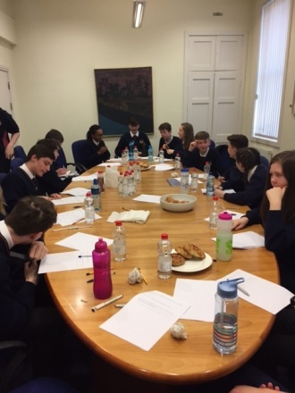 TYs in the board room of the AIB in Rathgar for the Build A Bank Challenge Photo: Ms. Brouder
