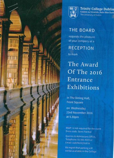 Rory Murphy (2016) awarded an Entrance Exhibition Award by Trinity College