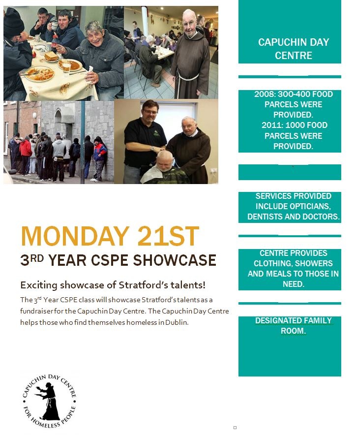 CSPE Talent Show in aid of Capuchin Day Centre Poster: Tim Murphy (3rd Year)
