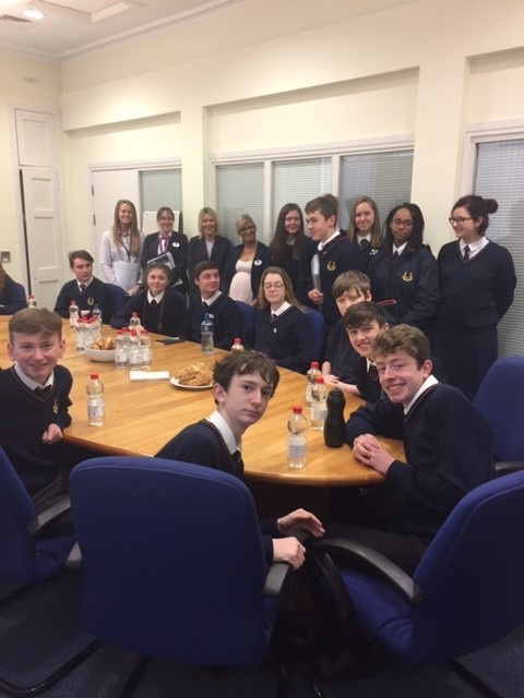 TYs in the board room of the AIB in Rathgar for the Build A Bank Challenge Photo: Ms. Brouder
