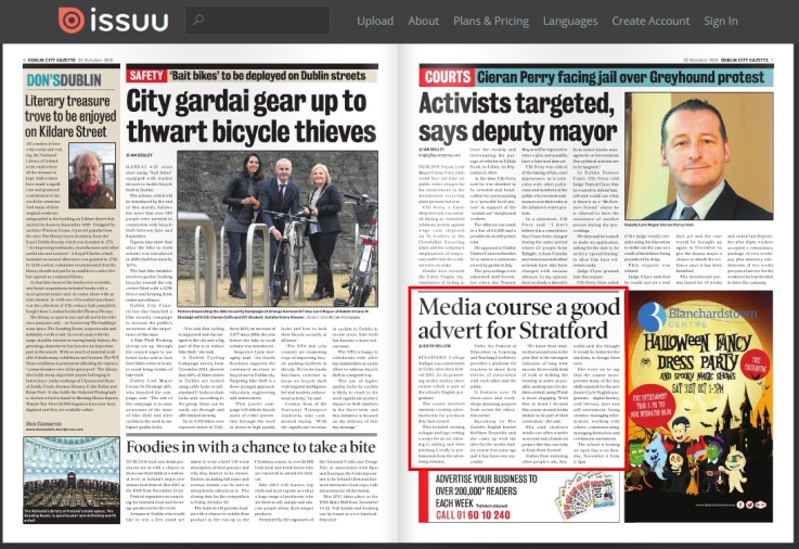 Dublin CityGazette (22/10/15) features Stratford College for its Media Studies module commended at the Féilte 2015 festival. Screenshot
