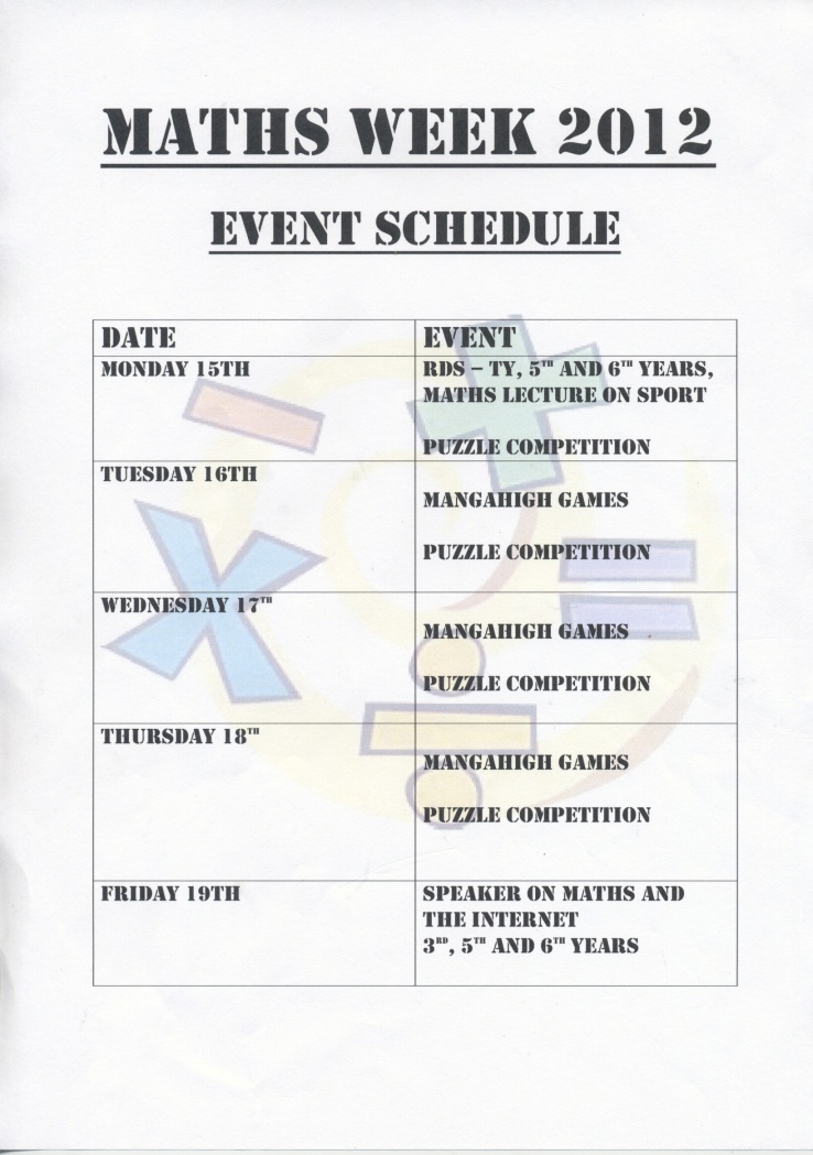 Maths Week Schedule for Stratford College Ms. McCarthy
