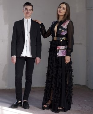 Adam Henderson with his winning design, modelled by Rosanna Purcell Image: www.rte.ie
 Adam Henderson with his winning design, modelled by Rosanna Purcell Image: www.rte.ie