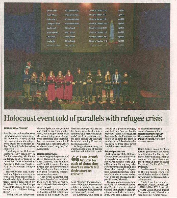 Holocaust Memorial Day, 24th January 2016: article in The Irish Times