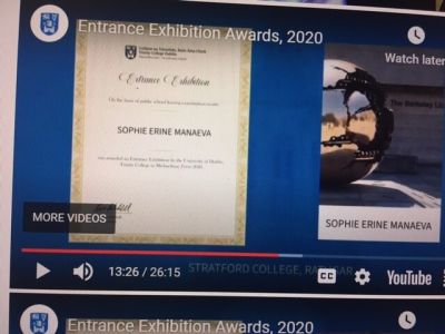 Congratulations to Sophie Manaeva (2020): awarded TCD Entrance Exhibition Award