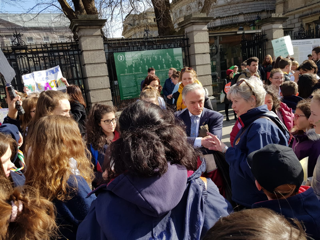 Stratford students and teachers talk to Minister Richard Bruton TD at Schools Strike 4 Climate protest 