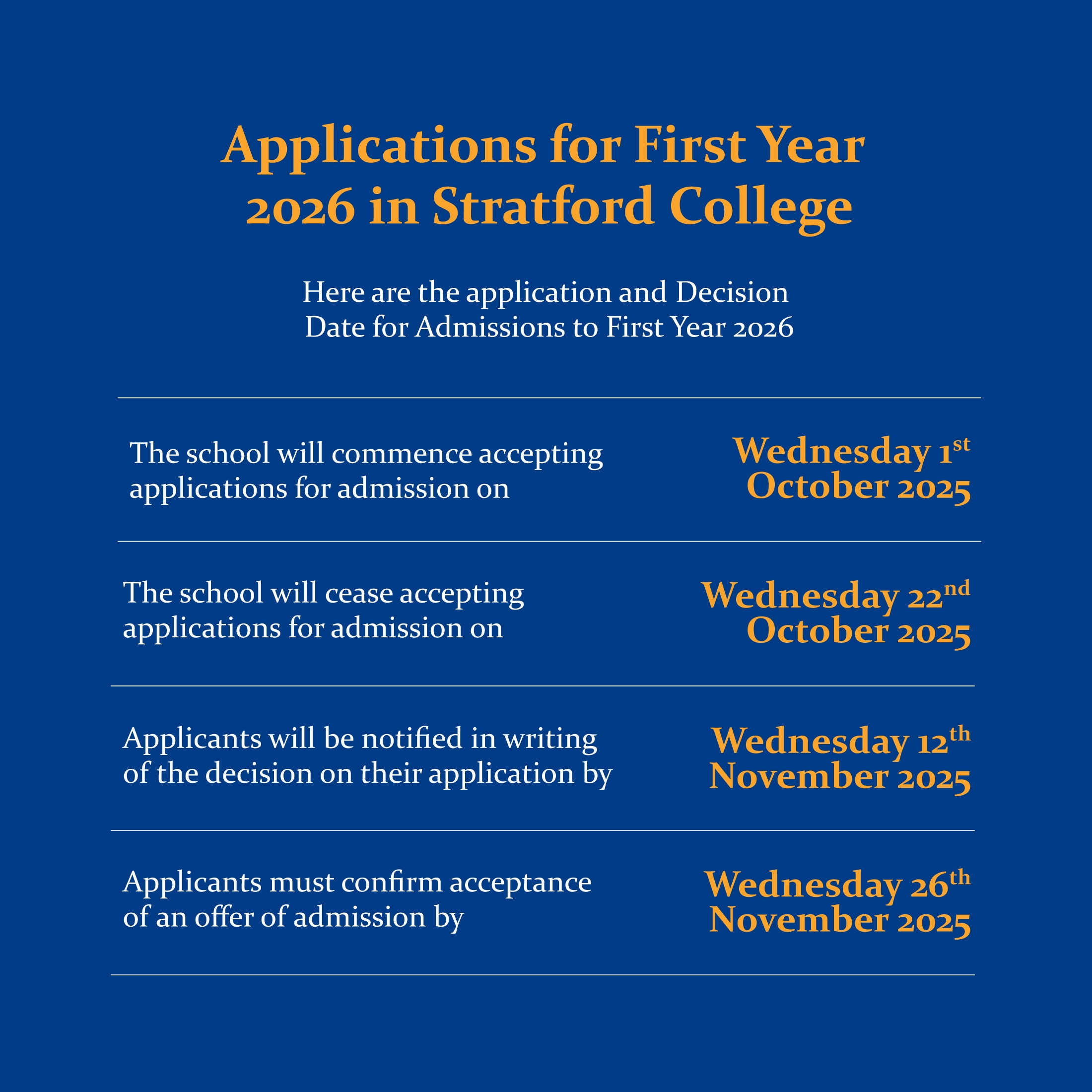 Admissions Dates for 1st Year 2026