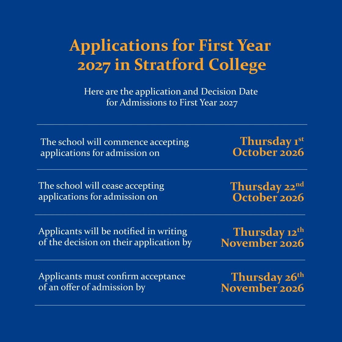 Website Stratford College Admissions Dates 1st Year 2027 
