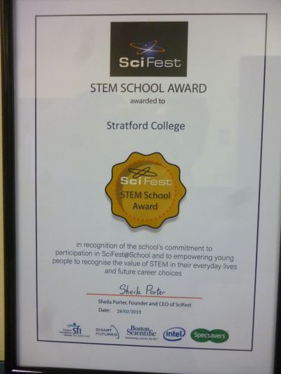 Stratford College receive SciFest STEM School award